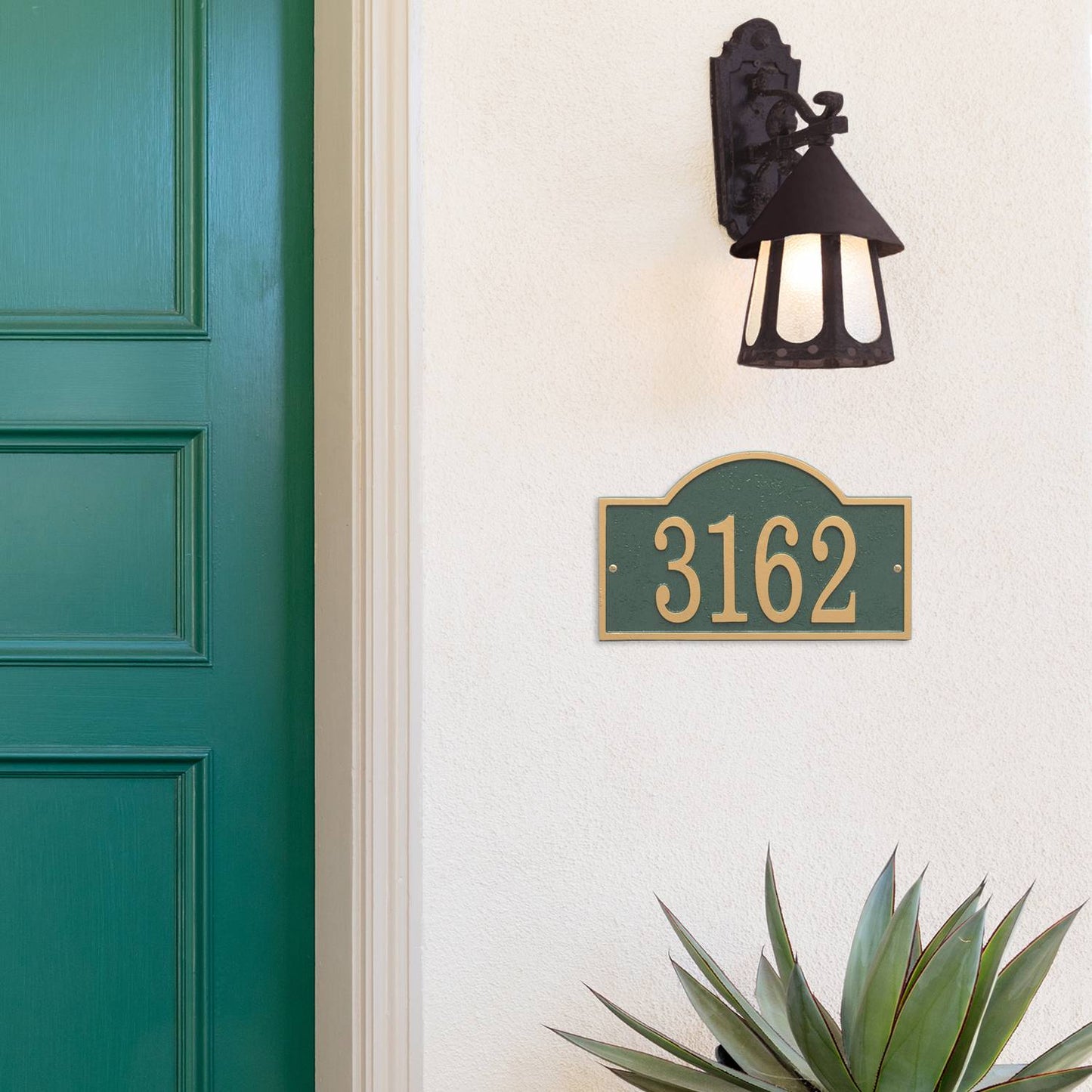 Handcrafted green and gold arched rectangle address plaque with bold numbers, designed to enhance curb appeal and featured in Home & Decor, Household Helpers, Mailboxes and Address Signs, USA Made, Best Sellers, and Promo Eligible collections.