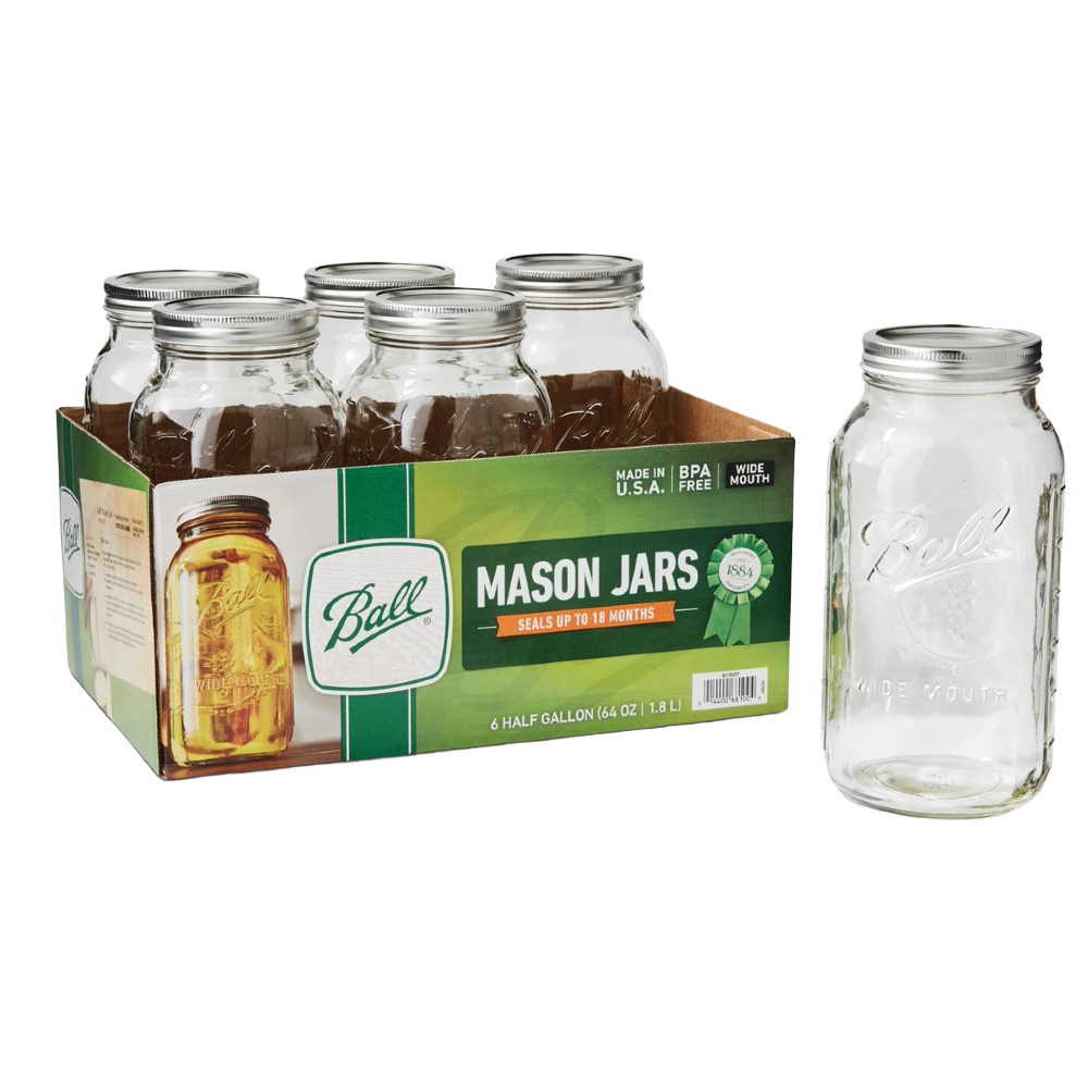 Set of six clear half-gallon wide-mouth glass canning jars with metal lids and bands, made in USA, ideal for kitchen food preservation, canning, and crafts in Best Sellers collection.