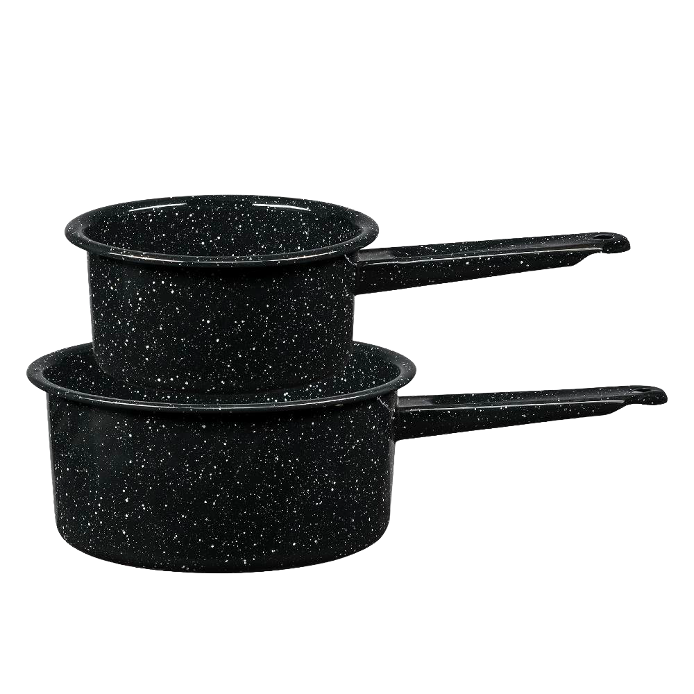Set of two black speckled enamelware saucepans with long handles, handcrafted for versatile cooking, featured in Kitchen & Food, Cookware, Pots and Pans, and Best Sellers collections.