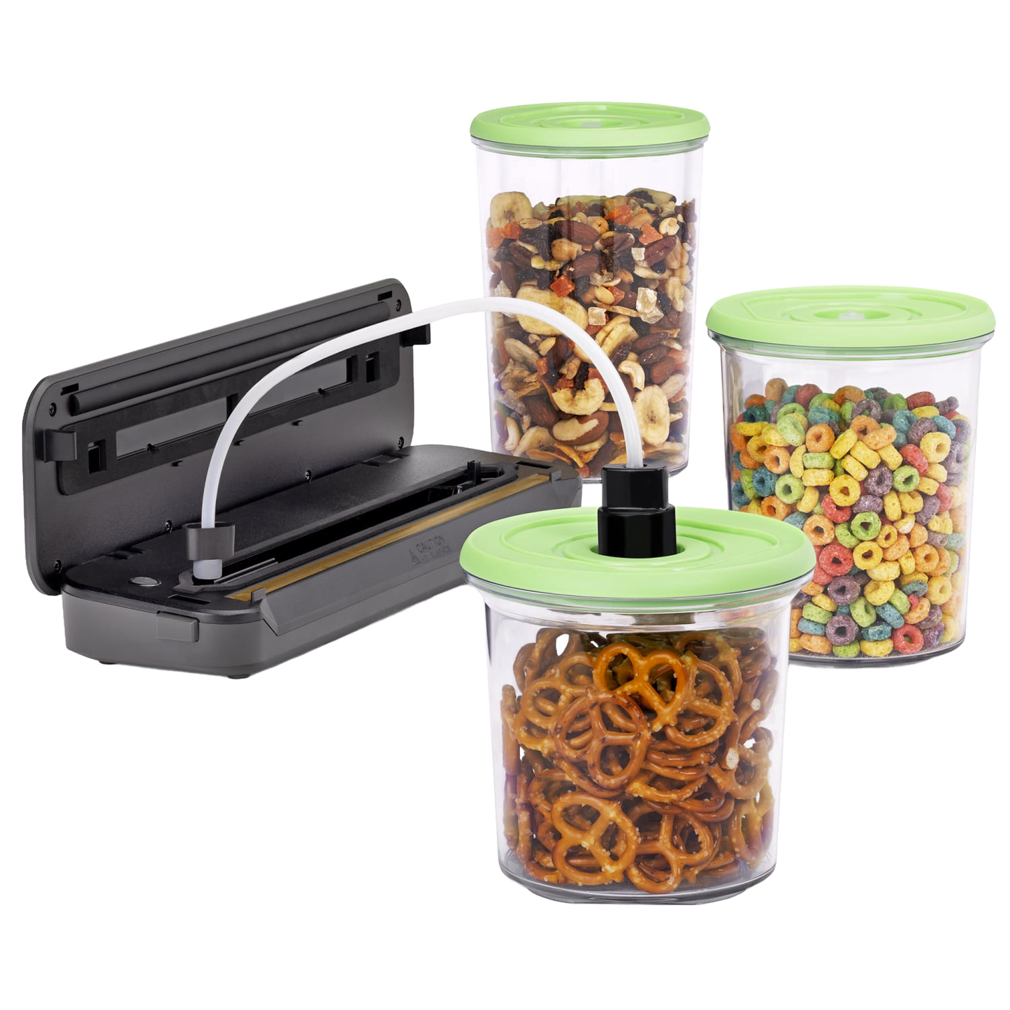Set of three reusable vacuum seal containers with light green lids, designed for kitchen food preservation, shown with a vacuum sealing device for storing snacks and cereal in the Kitchen & Food collection.