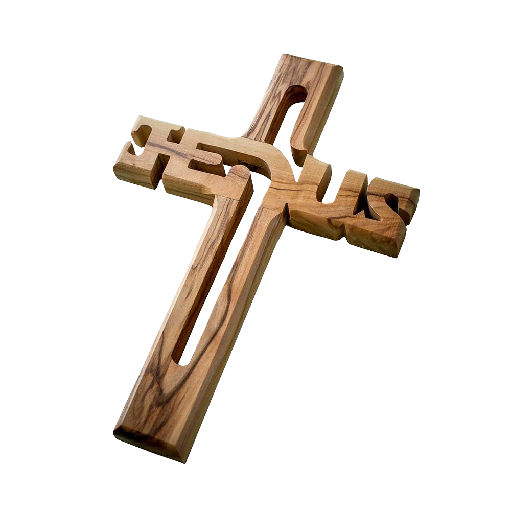 Handcrafted olive wood wall cross carved with the word Jesus, made in Bethlehem, featuring natural wood grain and warm tones, ideal for Home & Decor and Best Sellers collections.