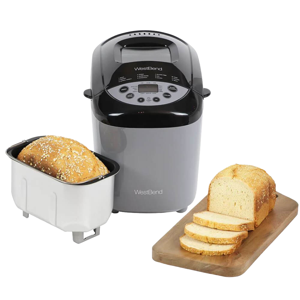 Electric bread maker machine in gray and black with digital control panel and removable baking pan alongside freshly baked loaf on wooden cutting board, featured in Kitchen & Food, Baking Supplies, and Kitchen Gadgets collections.