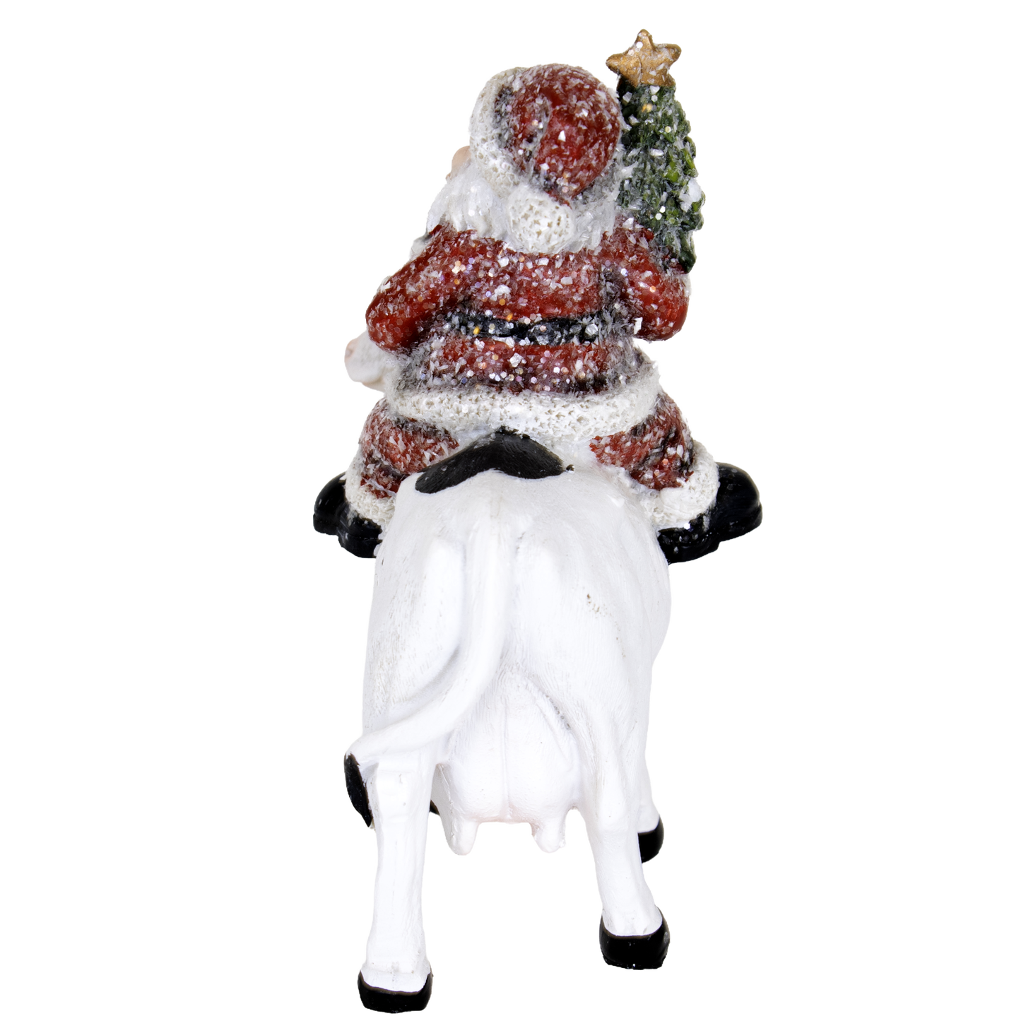 Unique handcrafted 6-inch resin figurine featuring Santa holding a Christmas tree while riding a white cow, ideal for adding festive country charm to Home & Decor, Holiday Decor, Best Sellers, and Promo Eligible collections.