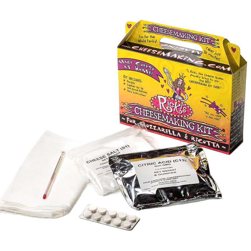 Colorful cardboard box labeled for cheesemaking kit containing sealed packets of cheese salt and citric acid, thermometer, and tablets, part of kitchen and specialty equipment collections.