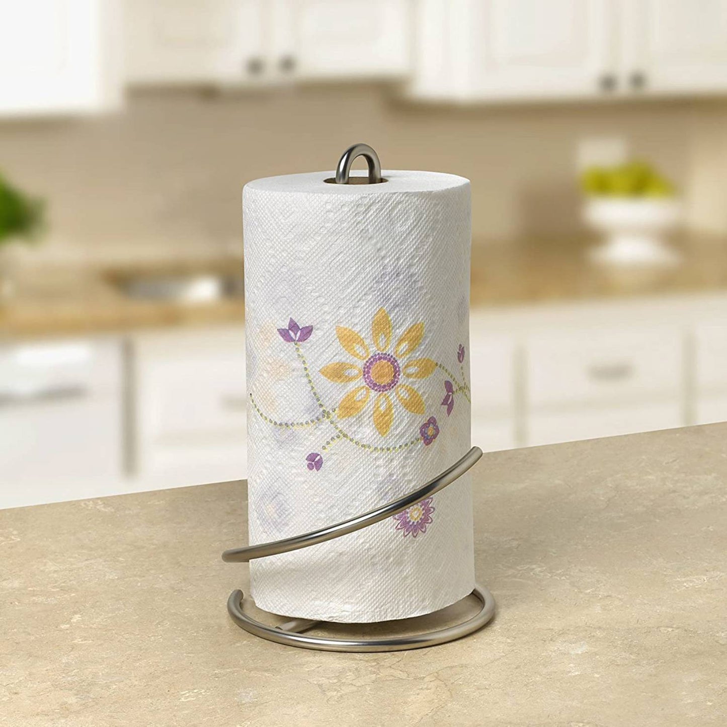 Satin nickel paper towel holder with circular base and convenient tear arm, designed for standard and jumbo rolls, featured in Home & Decor, Household Helpers, and Best Sellers collections.
