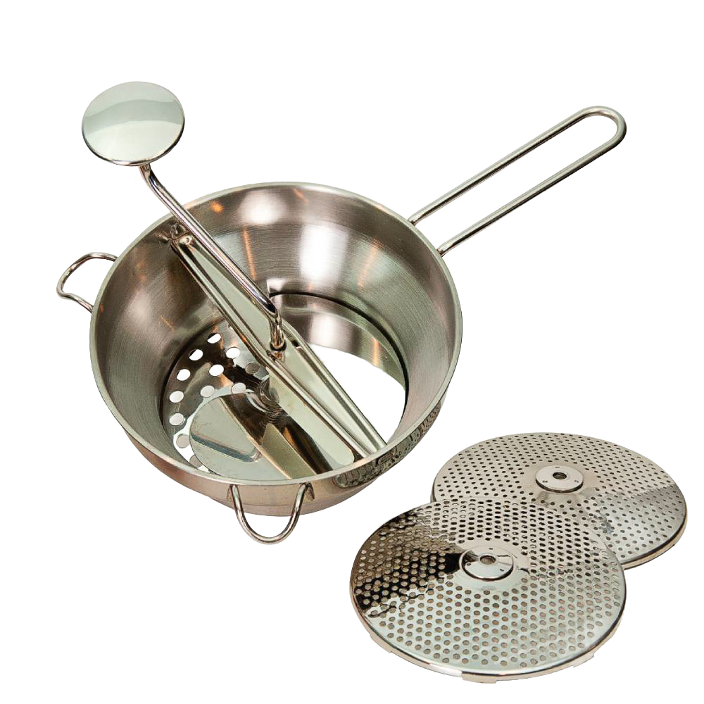 Handcrafted stainless steel 2-quart food mill with long handle and three interchangeable discs for fine, medium, and coarse milling, ideal for Kitchen & Food, Food Prep, Food Mills, Best Sellers, and Promo Eligible collections.
