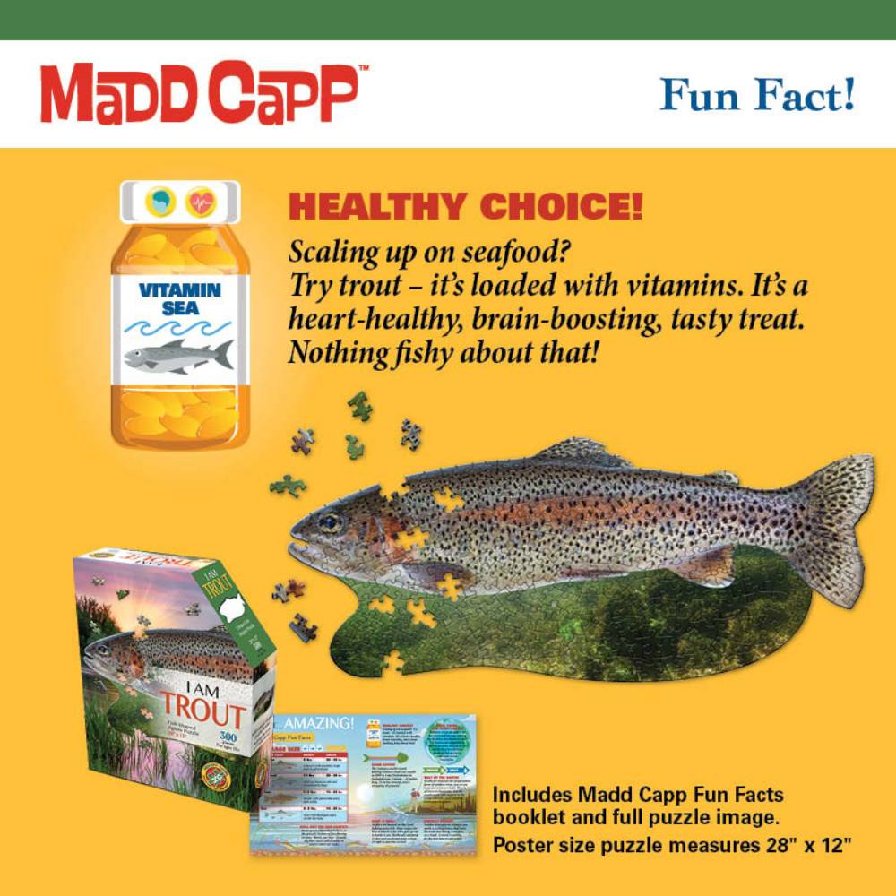 Colorful educational card showing a health fact about trout with a vitamin bottle illustration, a partially completed fish-shaped puzzle of a trout, and the puzzle box featuring aquatic scenery, part of children's toys and best sellers collections.