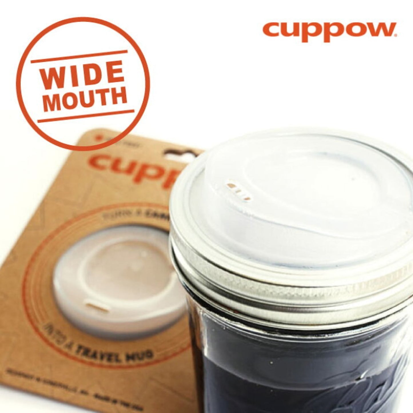 Wide-mouth translucent drinking lid securely fitted on a glass jar, branded with Cuppow logo, part of Kitchen & Food, Dinnerware, Kitchen Gadgets, Kitchen Accessories, USA Made, Best Sellers, and Promo Eligible collections.