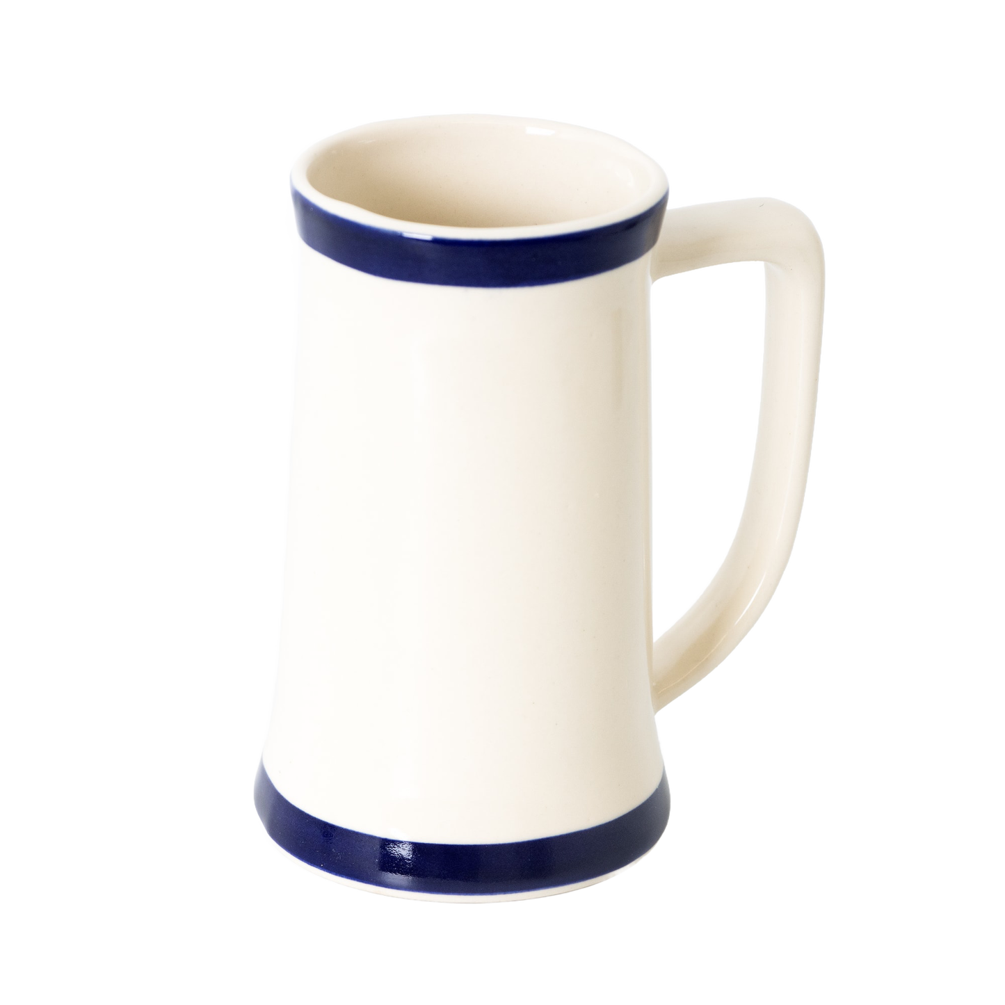 Handcrafted American stoneware stein with simple blue bands near the top and bottom, featuring a tall shape and comfortable handle, perfect for Kitchen & Food and Dinnerware collections.