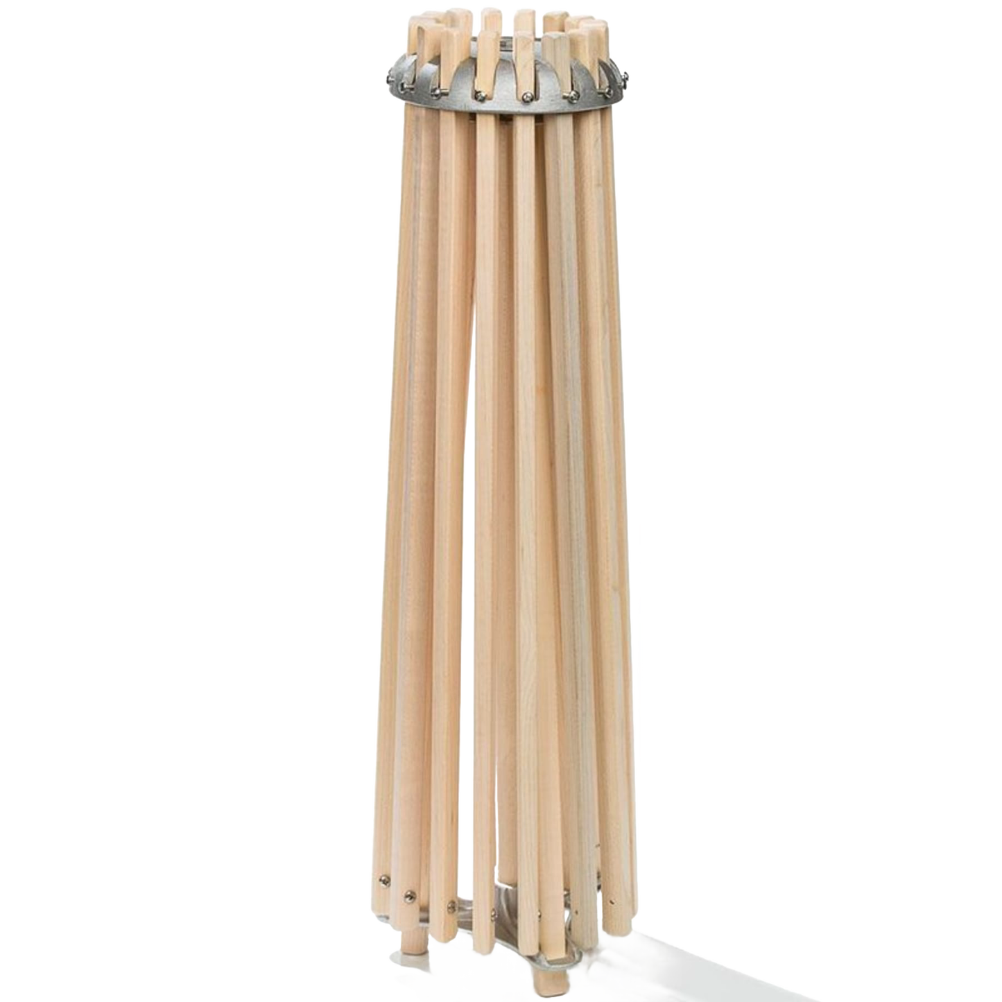 Handcrafted 16-arm wooden floor dryer in compact closed position, featuring smoothly sanded wood and stainless steel hardware, part of Home & Decor, Laundry Supplies, and USA Made collections.