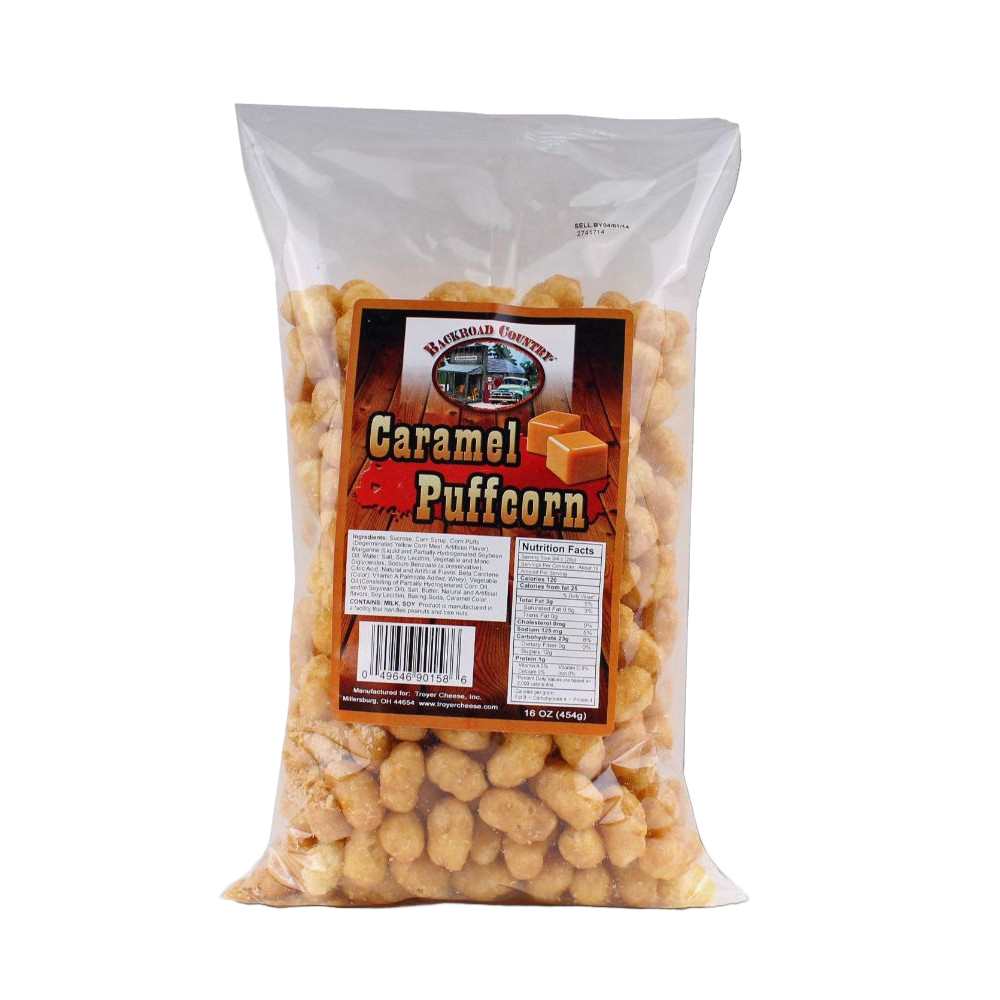Clear bag filled with golden, crunchy caramel puffcorn coated in sweet caramel, part of Kitchen & Food, Snacks and Sweets, USA Made, Best Sellers, and Promo Eligible collections.