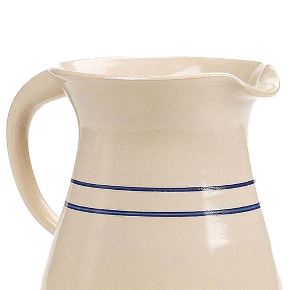 Handcrafted stoneware pitcher in cream with double blue stripes, made in USA, perfect for Kitchen & Food, Dinnerware, Storage and Serving, and Best Sellers collections.