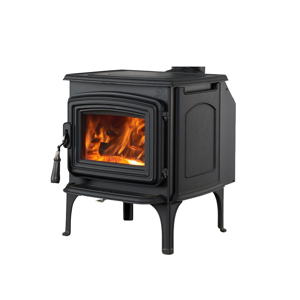Black cast iron wood stove with visible burning fire inside, featuring a convection and radiant heat design, ideal for Stoves, Heatstoves, Best Sellers, and All Stoves & Appliances collections.