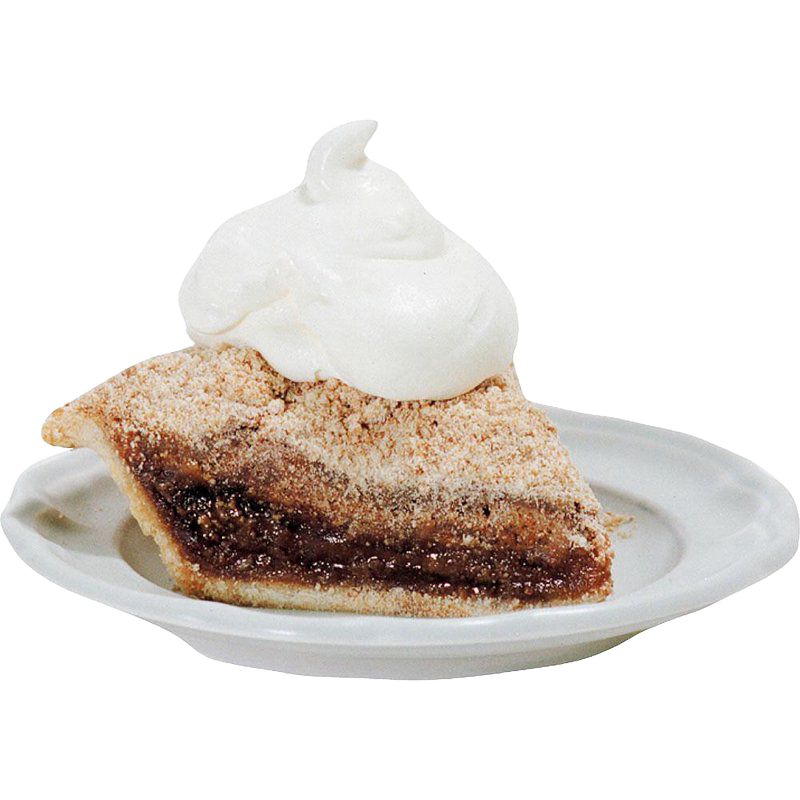 A slice of handcrafted shoofly pie with a golden crumb topping and a dollop of fresh whipped cream on a white plate, featured in Kitchen & Food, Snacks and Sweets, USA Made, Best Sellers, and Promo Eligible collections.