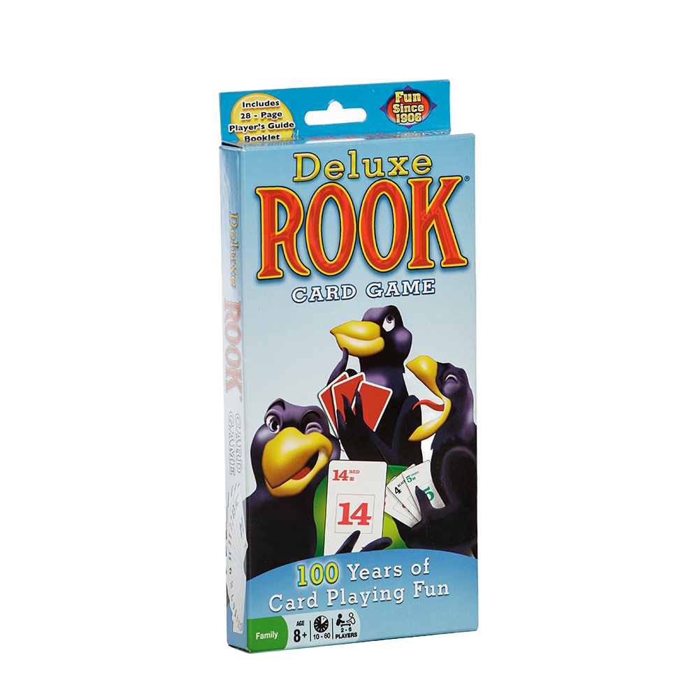Boxed deluxe card game set featuring playful cartoon rook birds holding numbered cards, including a 28-page player’s guide, ideal for toys, games, puzzles, and table game collections.