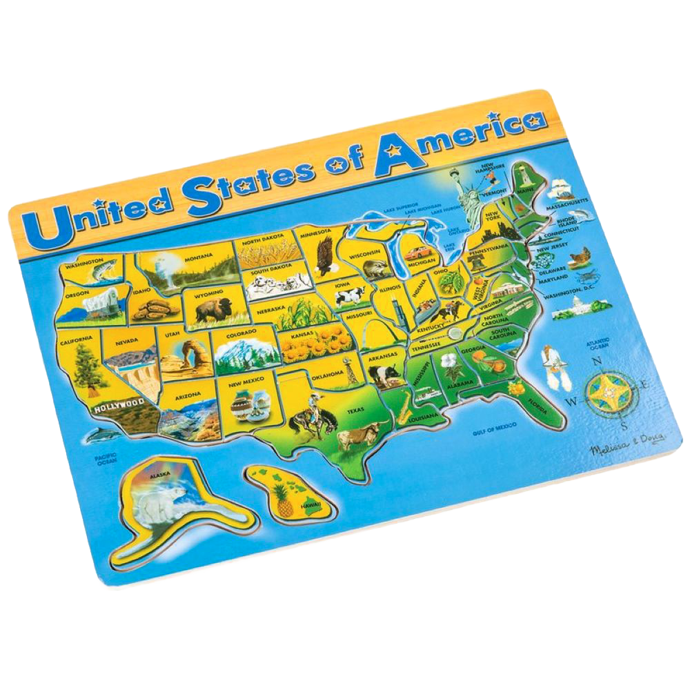 Wooden educational map puzzle depicting the United States with each state highlighted, colorful illustrations of landmarks and symbols, designed for learning, featured in Toys, Books & Games, Puzzles, Best Sellers, and Promo Eligible collections.