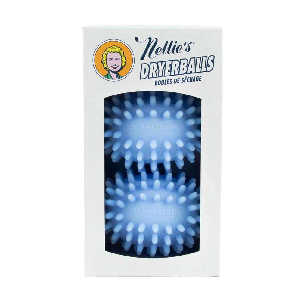 White spiked dryer balls visible through a rectangular window on packaging with a vintage-style logo, designed for Home & Decor and Laundry Supplies collections.