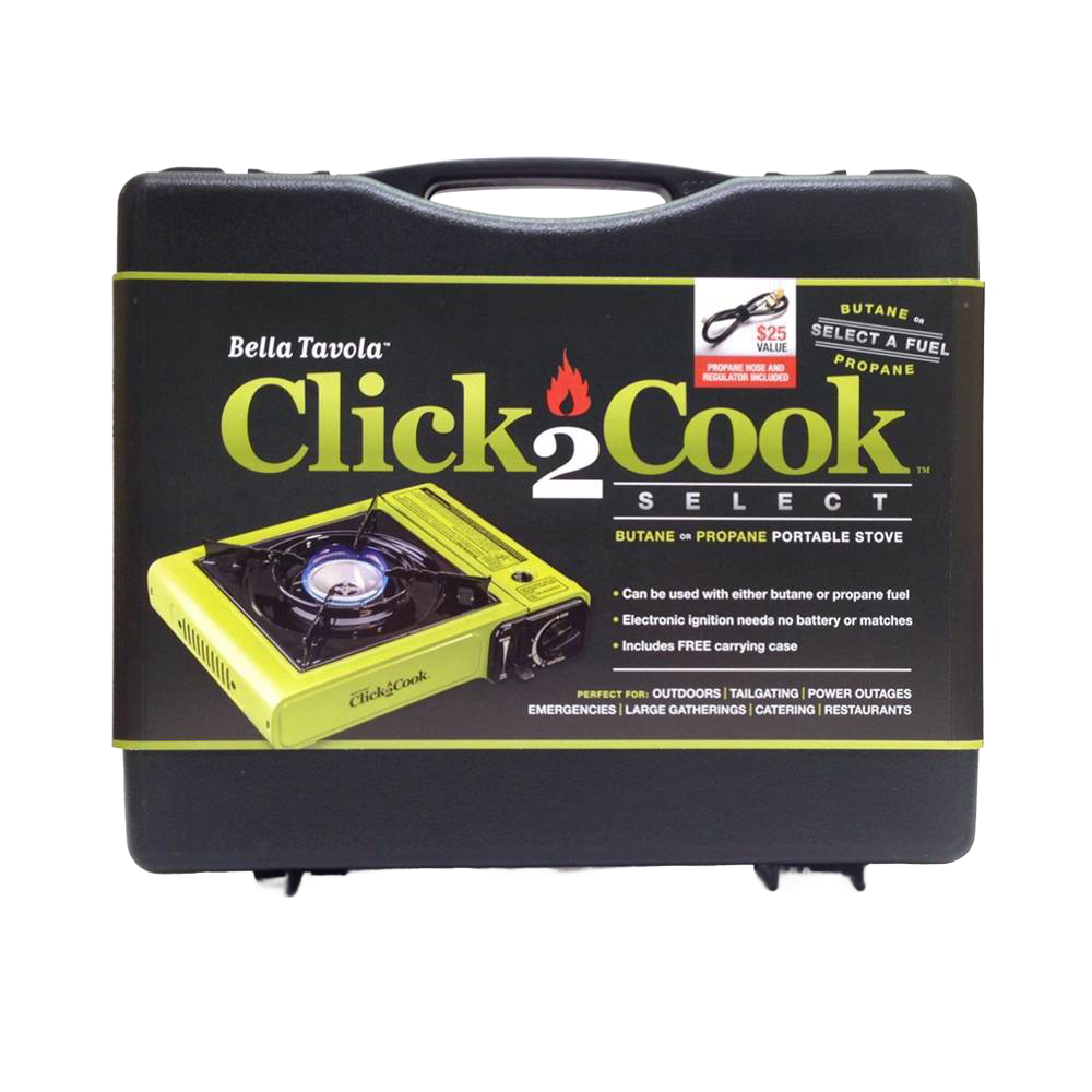 Black hard plastic carrying case with handle, featuring a label displaying a lime green portable stove with one burner, electronic ignition, and butane or propane fuel options, designed for outdoor, camping, emergency, and tailgating use.