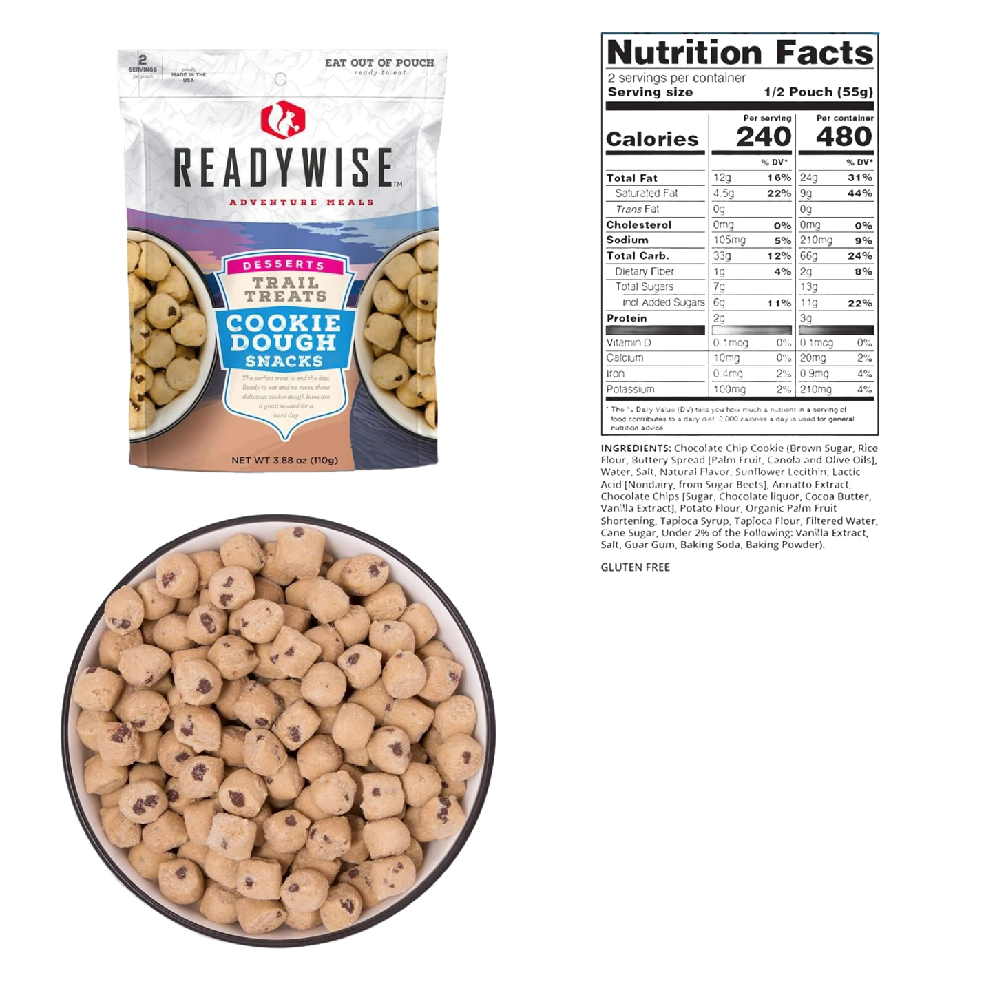 Resealable pouch of ReadyWise Trail Treats cookie dough snacks made in USA, shown with portion of bite-sized cookie dough pieces and accompanying nutrition facts, part of Camping, Emergency Supplies, USA Made, and Best Sellers collections.