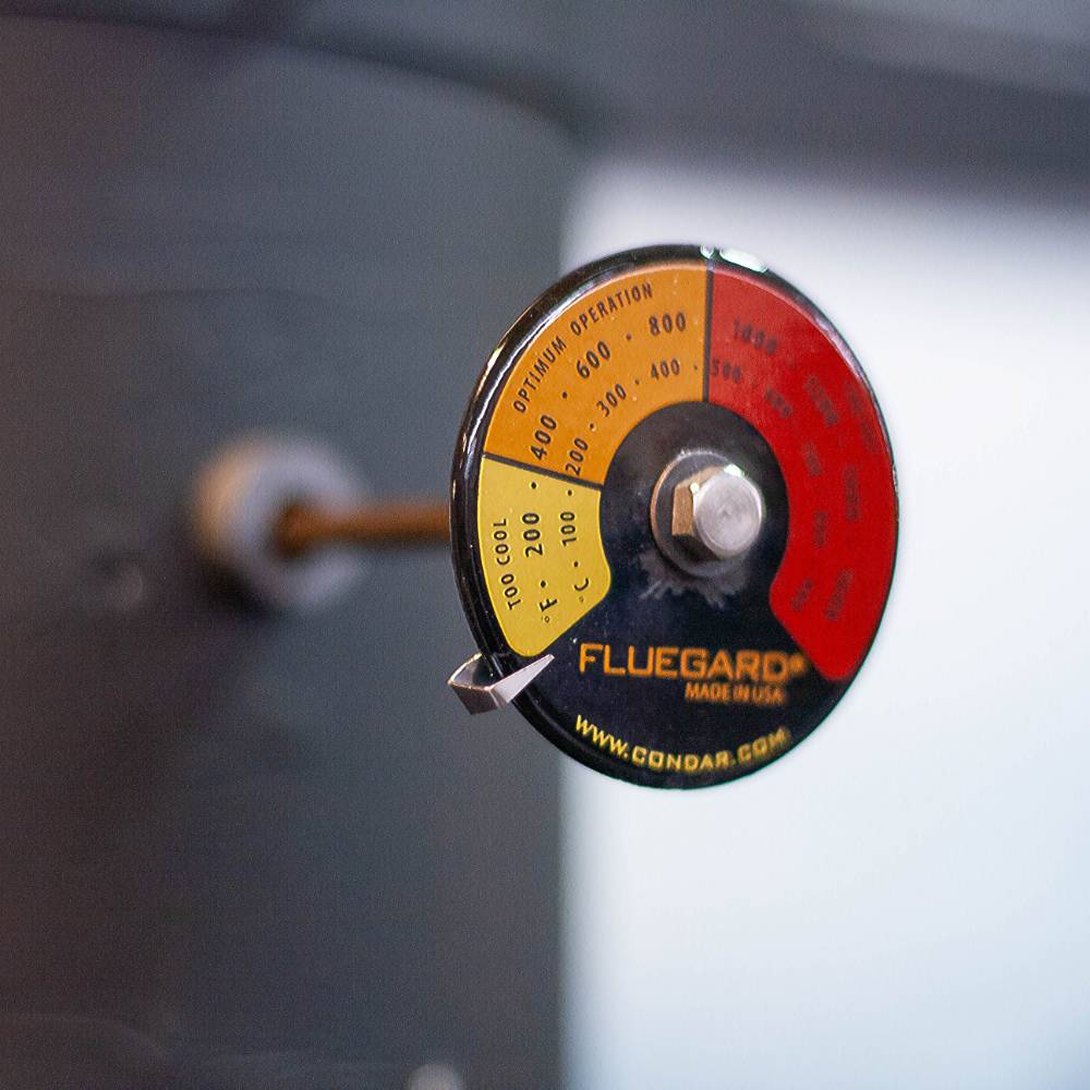 Close-up of a Condar FlueGard stove thermometer inserted into a stovepipe, displaying temperature zones from too cool to optimum and unsafe, made in USA, ideal for stoves and hearth accessories collections.