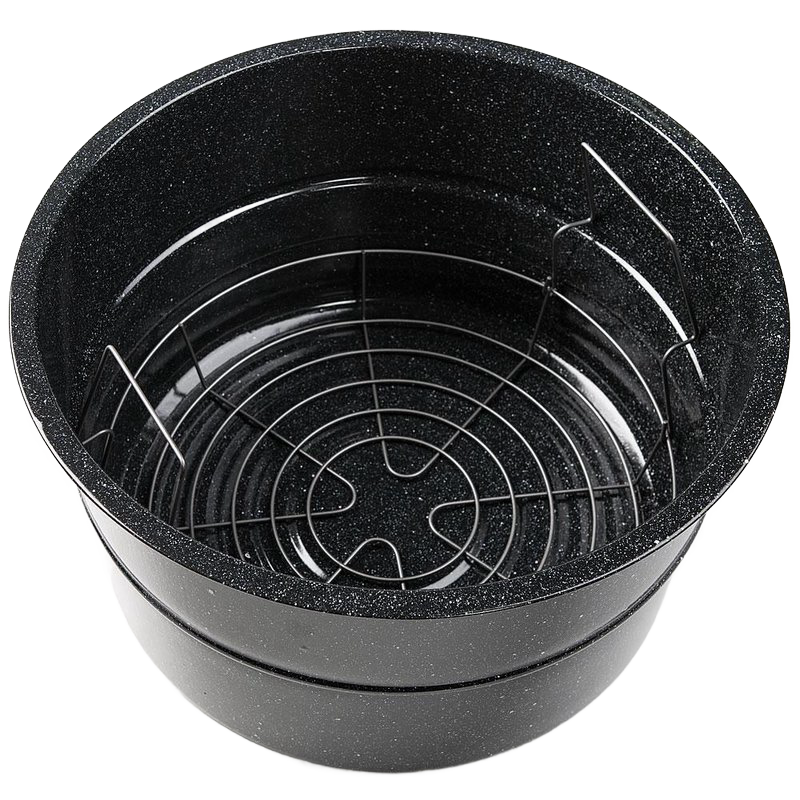 Large black speckled enamelware canner with durable steel construction and a removable wire rack, designed for water bath canning and cooking in Kitchen & Food and Food Preservation collections.