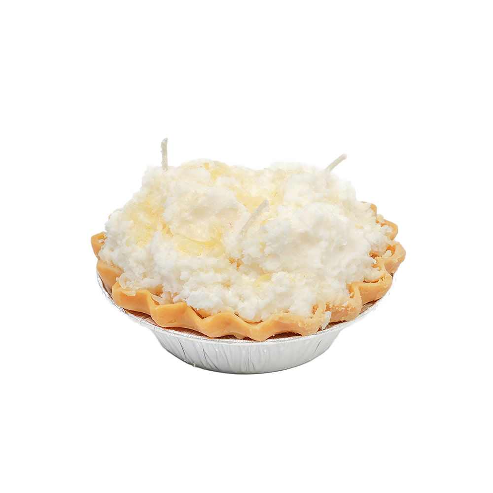 Handcrafted scented coconut cream pie dessert candle with textured whipped topping and wick, made in USA, featured in Home & Decor, Best Sellers, and Promo Eligible collections.