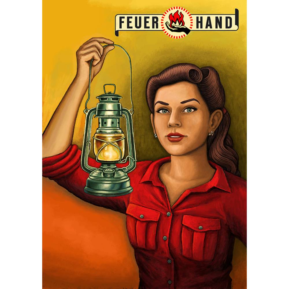Vintage-inspired tin plate sign featuring a woman in a red shirt holding a lit lantern against a warm yellow and orange background, perfect for Home & Decor collections.