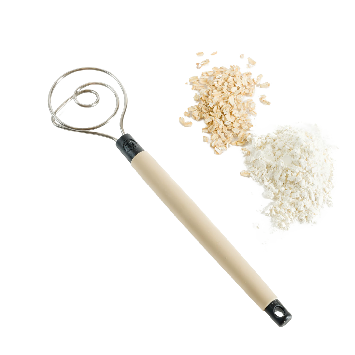 13.5-inch sturdy dough whisk with a beige handle and spiral stainless steel wire, shown alongside flour and rolled oats, ideal for Kitchen & Food and Baking Supplies collections.
