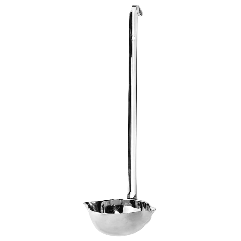 Gleaming stainless steel ladle with a hooked handle and dual spouts designed for easy pouring by both right and left-handed users, perfect for Kitchen & Food and Homesteading collections.
