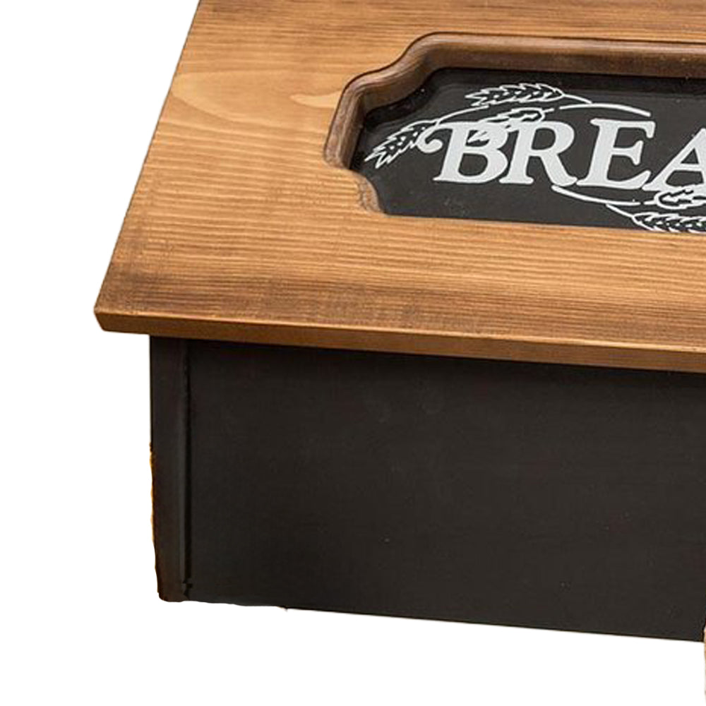Handcrafted pine hinged bread box with a variegated brown stained lid and black painted base, Amish made in USA, ideal for Kitchen & Food, Storage and Serving, and Bread Making Supplies collections.