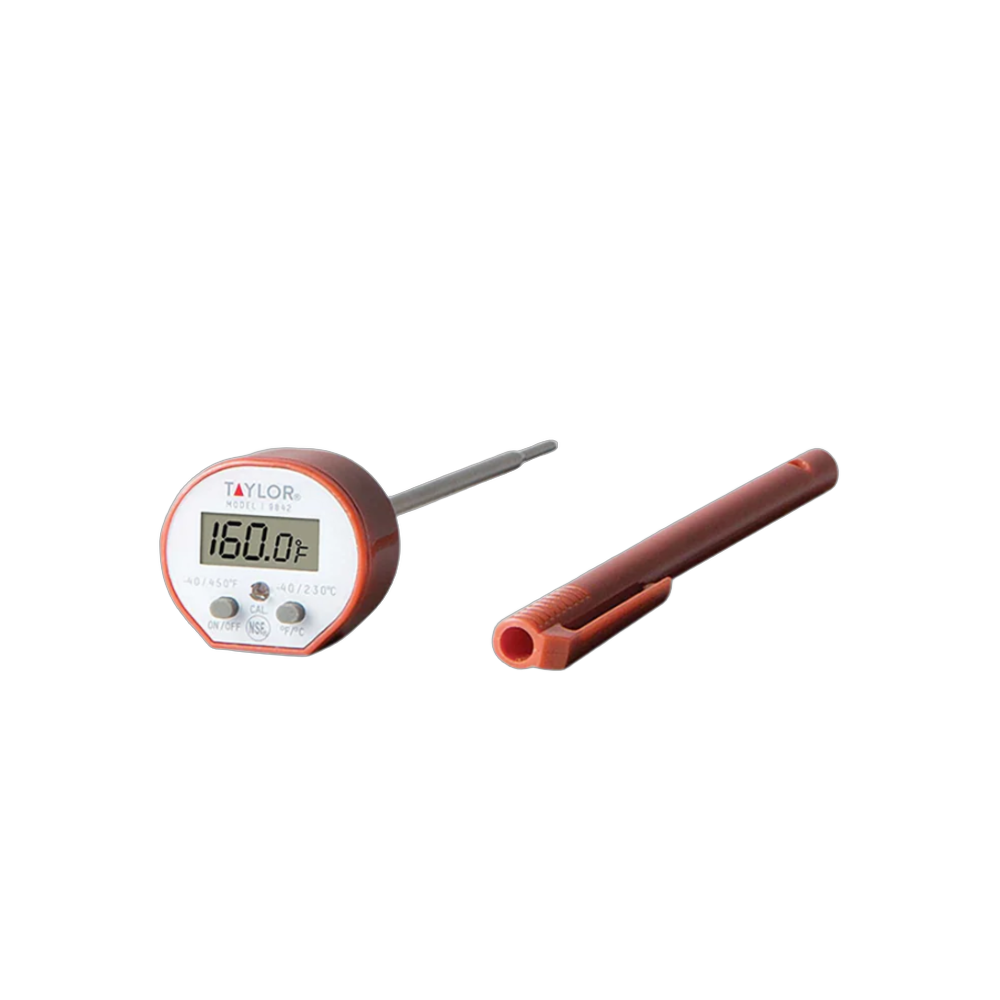 Compact digital cooking thermometer with stainless steel probe and protective brown plastic sheath, ideal for kitchen gadgets, cooking helpers, and health-conscious food preparation.