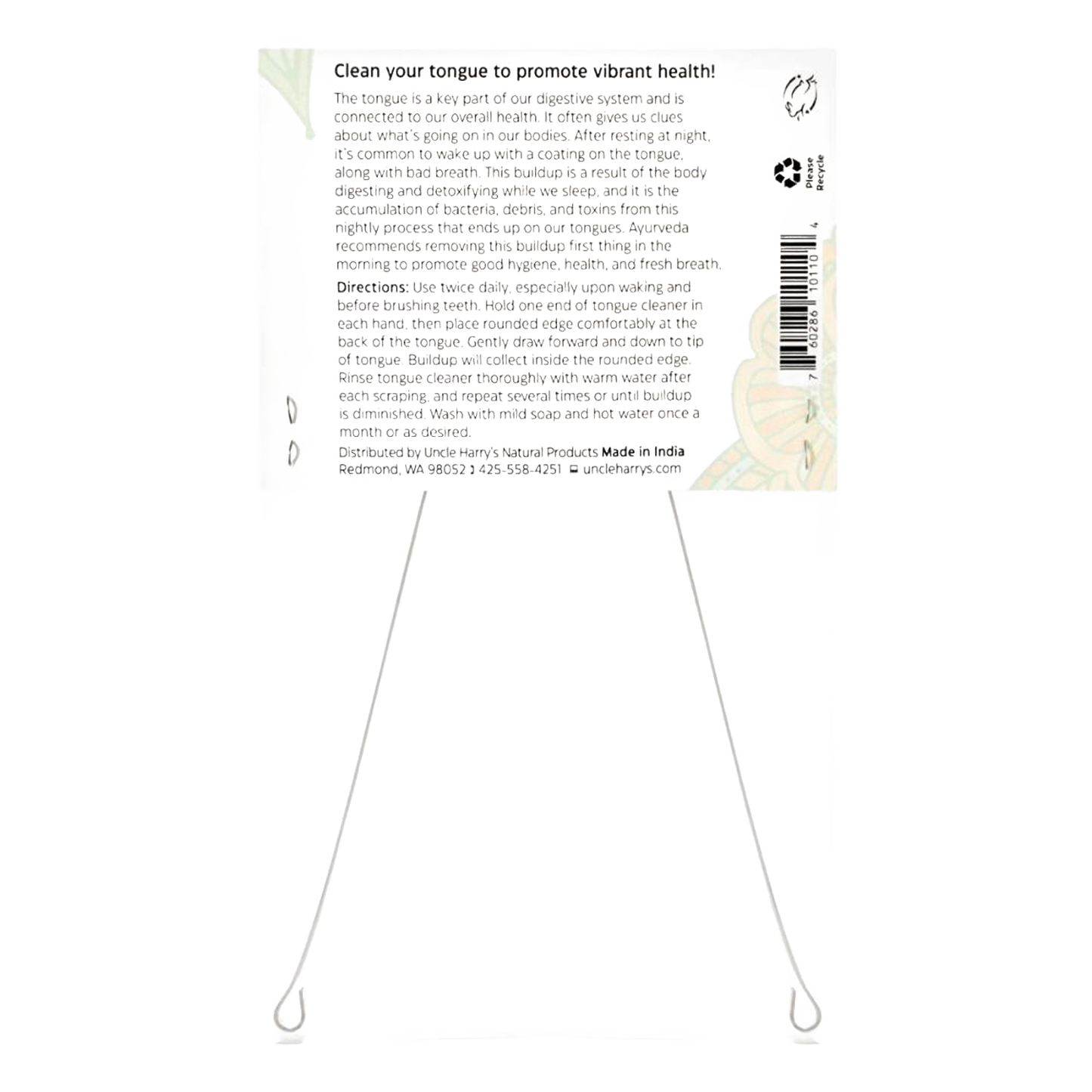 Instruction label for Uncle Harry's Tongue Cleaner with detailed usage guidelines and health benefits, promoting oral hygiene and fresh breath, featured in Health & Wellness, Grooming and Personal Hygiene, Best Sellers, and Promo Eligible collections.
