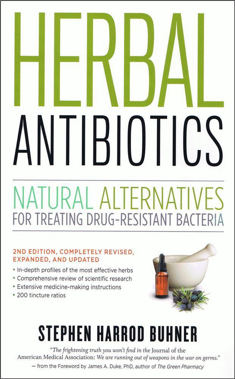 Book cover showcasing "Herbal Antibiotics" with a focus on natural alternatives for drug-resistant bacteria, featuring a mortar and pestle with herbs and a small amber dropper bottle, part of Health and Wellness Books and Best Sellers collections.