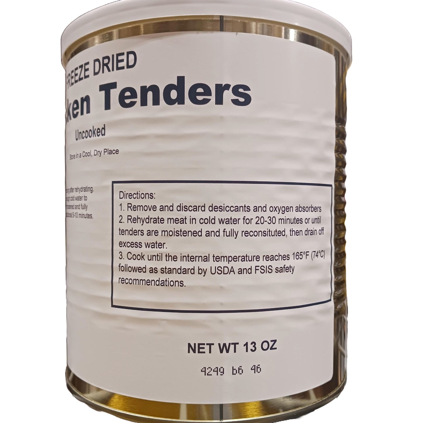 Metal can of freeze-dried chicken tenders featuring cooking instructions on a white label, designed for long-term food storage in Kitchen & Food, Freeze Dried, USA Made, and Best Sellers collections.