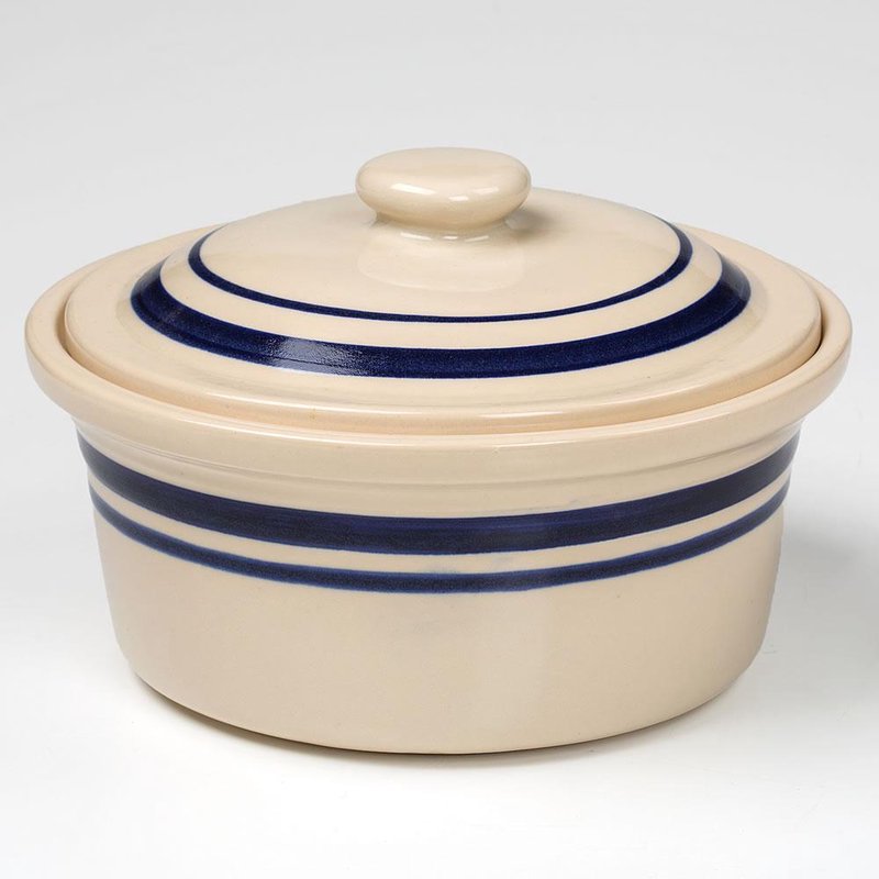 Classic covered casserole dish in natural stoneware with blue stripe accents, made in USA, ideal for Kitchen & Food, Cookware, Baking Supplies, Holiday Hosting, Storage and Serving, and Best Sellers collections.