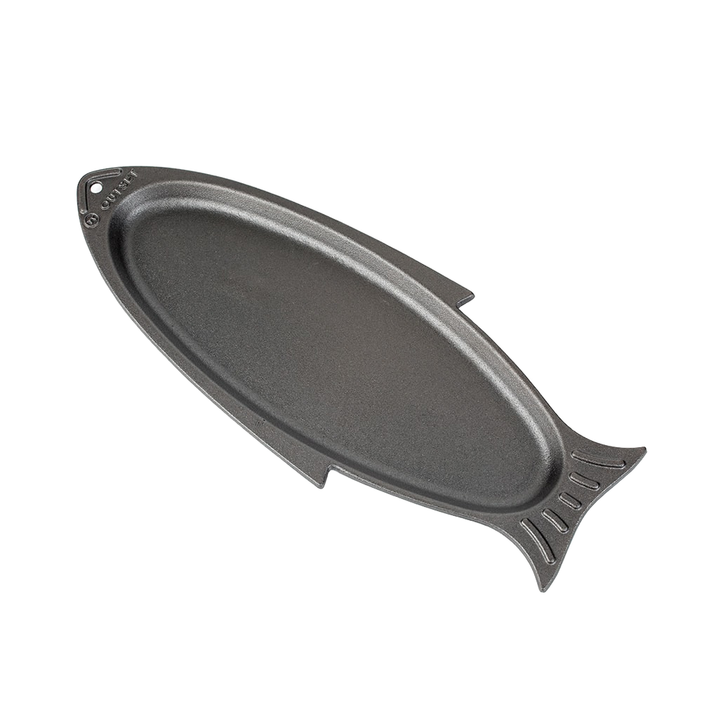 Handcrafted cast iron fish grill pan shaped like a fish, designed to sear whole small fish or filets up to 12", perfect for Kitchen & Food, Cast Iron, Grilling, and Best Sellers collections.