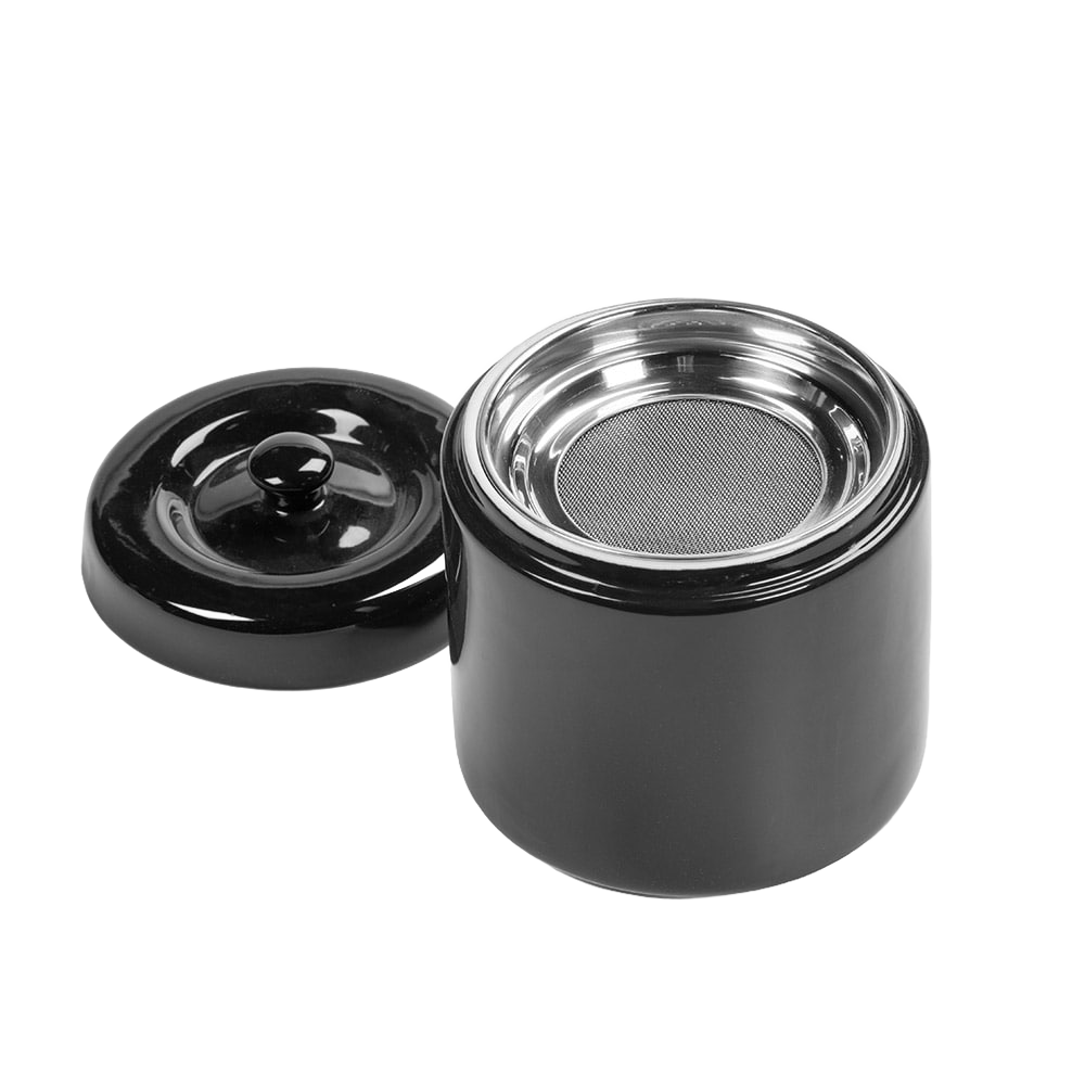 Glossy black stoneware container with matching lid removed, featuring a fine stainless steel mesh strainer inside, designed for storing grease in Kitchen & Food and Kitchen Gadgets collections.