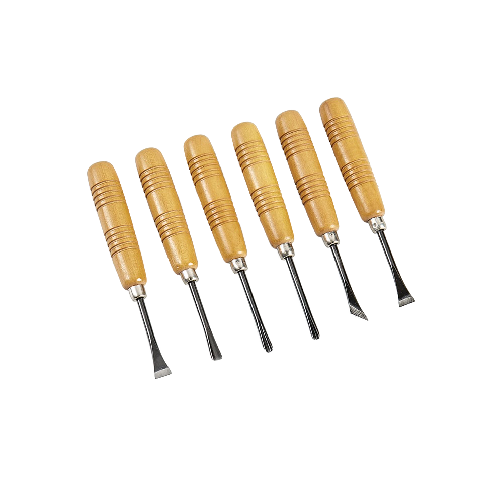 Set of six handcrafted wood carving tools with high carbon steel blades and smooth wooden handles, ideal for Farm, Garden & Tool, Hand Tools and Hardware, and Carving Knives collections.