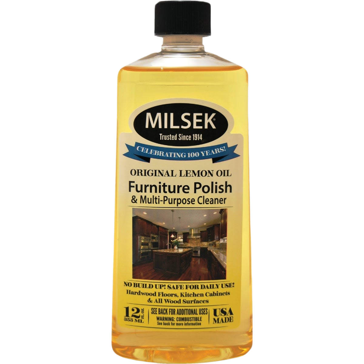 Clear plastic bottle of handcrafted lemon oil furniture polish and multi-purpose cleaner with black cap and vintage label, ideal for Home & Decor, Household Cleaning, Cleaners and Polishes, USA Made, and Best Sellers collections.