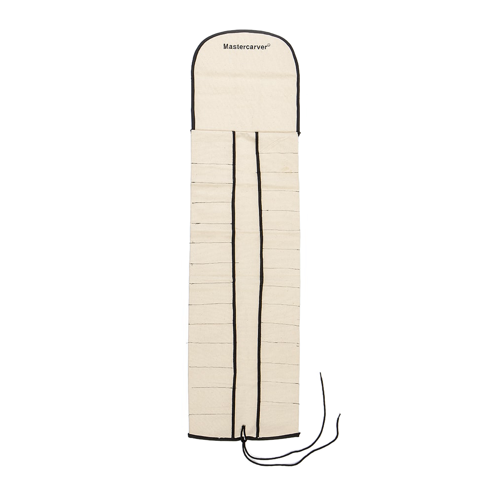 Heavy-duty natural canvas carving tool roll with reinforced edges and 29 slots, featuring a protective flap and tie closure, designed for tool organization in farm, garden, and homesteading use.