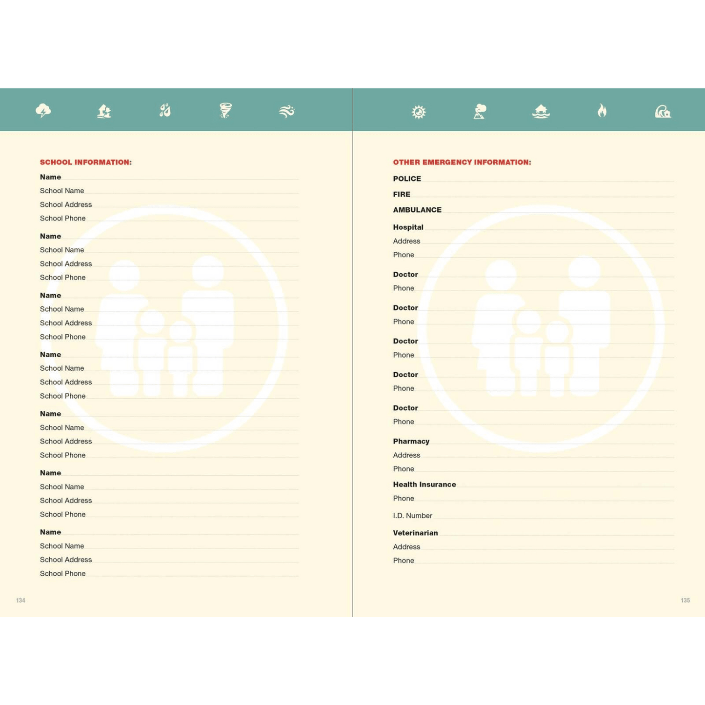 Open spread of an emergency planning logbook with sections for recording school contact details and various emergency services information, part of emergency supplies and home and garden how-to books collections.
