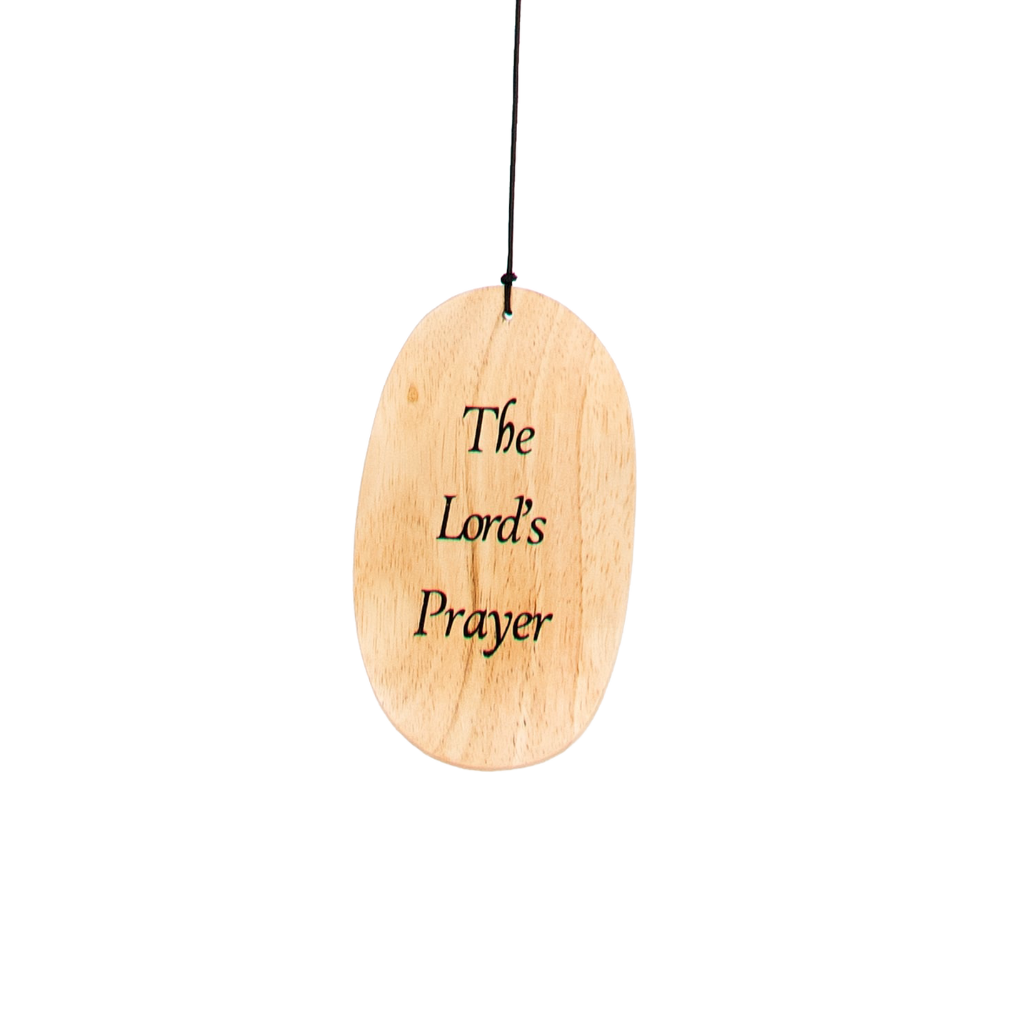 Handcrafted wooden windcatcher engraved with "The Lord's Prayer," hanging by a cord, designed for Farm, Garden & Tool, Garden Accessories, Best Sellers, and Promo Eligible collections.