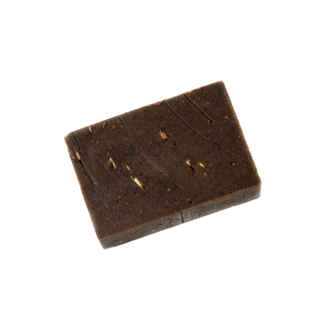 Handcrafted dark brown soap bar made with essential oils, herbal extracts, and organic oat bran in a glycerin base, designed for soothing skin irritation from poison ivy and oak; featured in Health & Wellness, Soaps and Soapmaking, USA Made, Best Sellers, and Promo Eligible collections.