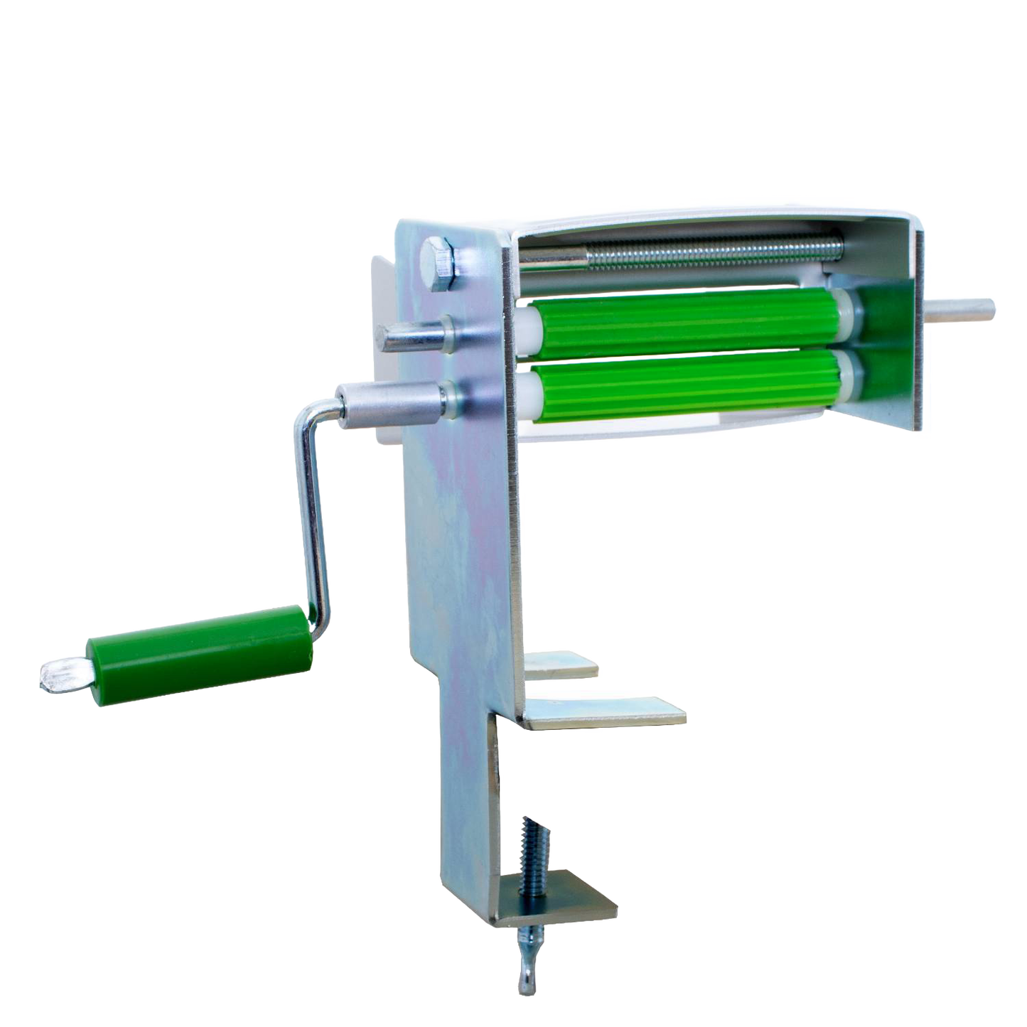 Metal kitchen tool with green rolling bars and crank handle mounted on clamp, designed for shelling peas or beans, part of USA Made, Specialty Equipment, and Kitchen & Food collections.