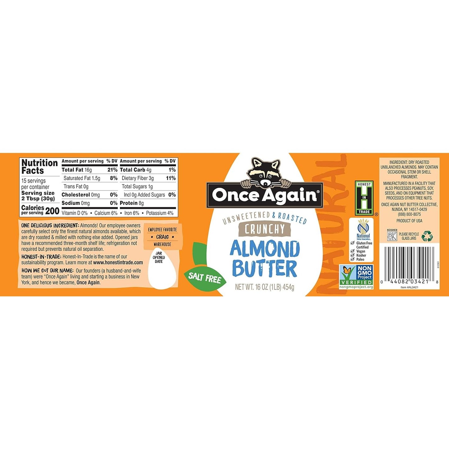 Label of handcrafted crunchy almond butter made in USA with no added sugar or salt, natural roasted almonds, gluten and sodium free, kosher certified, from Kitchen & Food, Food, Peanut Butter & Jellies, Gluten Free, USA Made, Best Sellers, and Promo Eligible collections.
