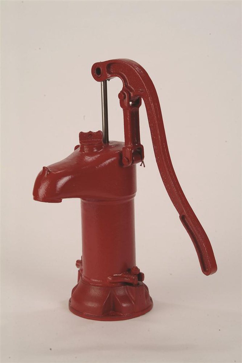 Red painted enclosed top cistern pump made of all iron with polished inner walls for strong suction, ideal for shallow well water pumping in USA Made and Appliances collections.