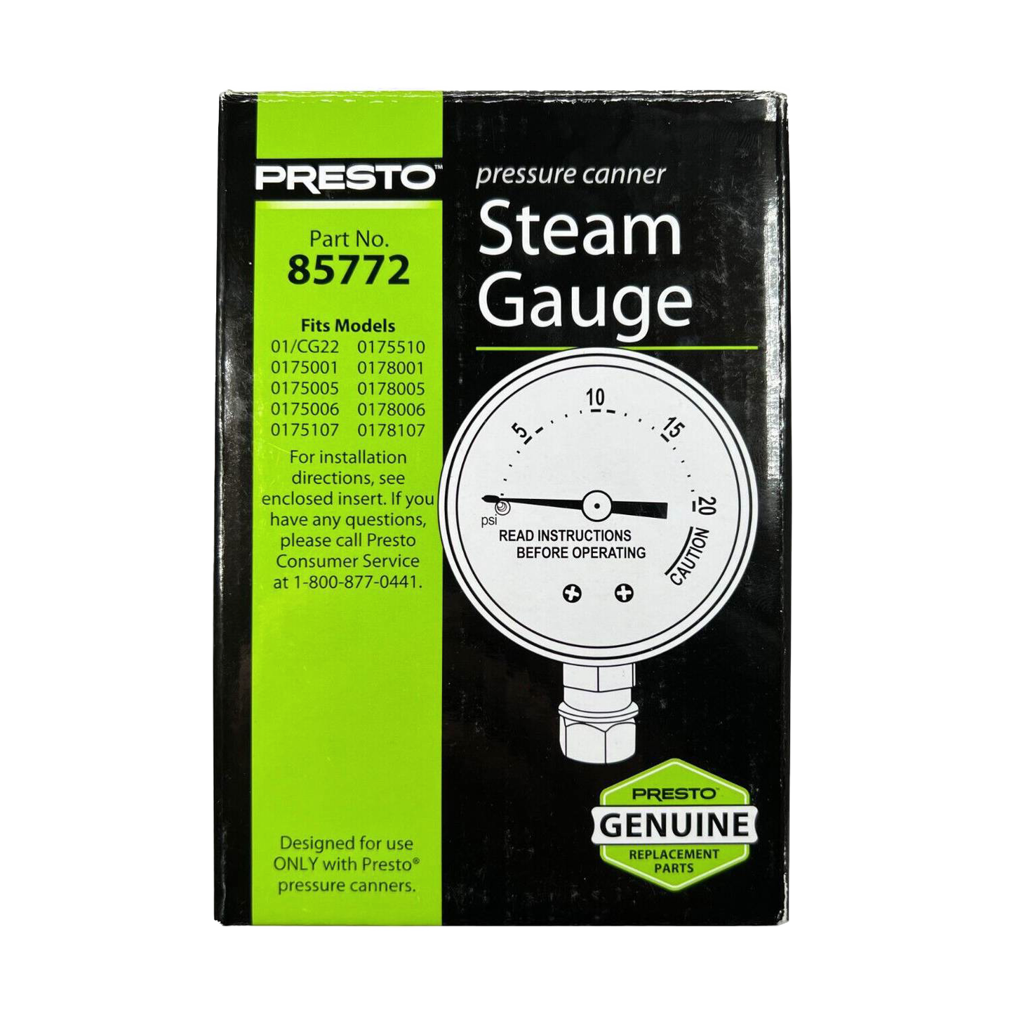 Boxed replacement steam gauge for pressure canners, featuring clear psi dial up to 20, labeled with installation instructions, part number 85772, made in USA, ideal for Kitchen & Food and Canning collections.