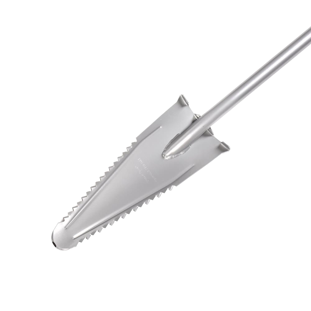 Large durable gardening shovel with serrated edges and pointed tip for cutting through tough roots, lightweight and handcrafted, ideal for farm, garden & tool use.