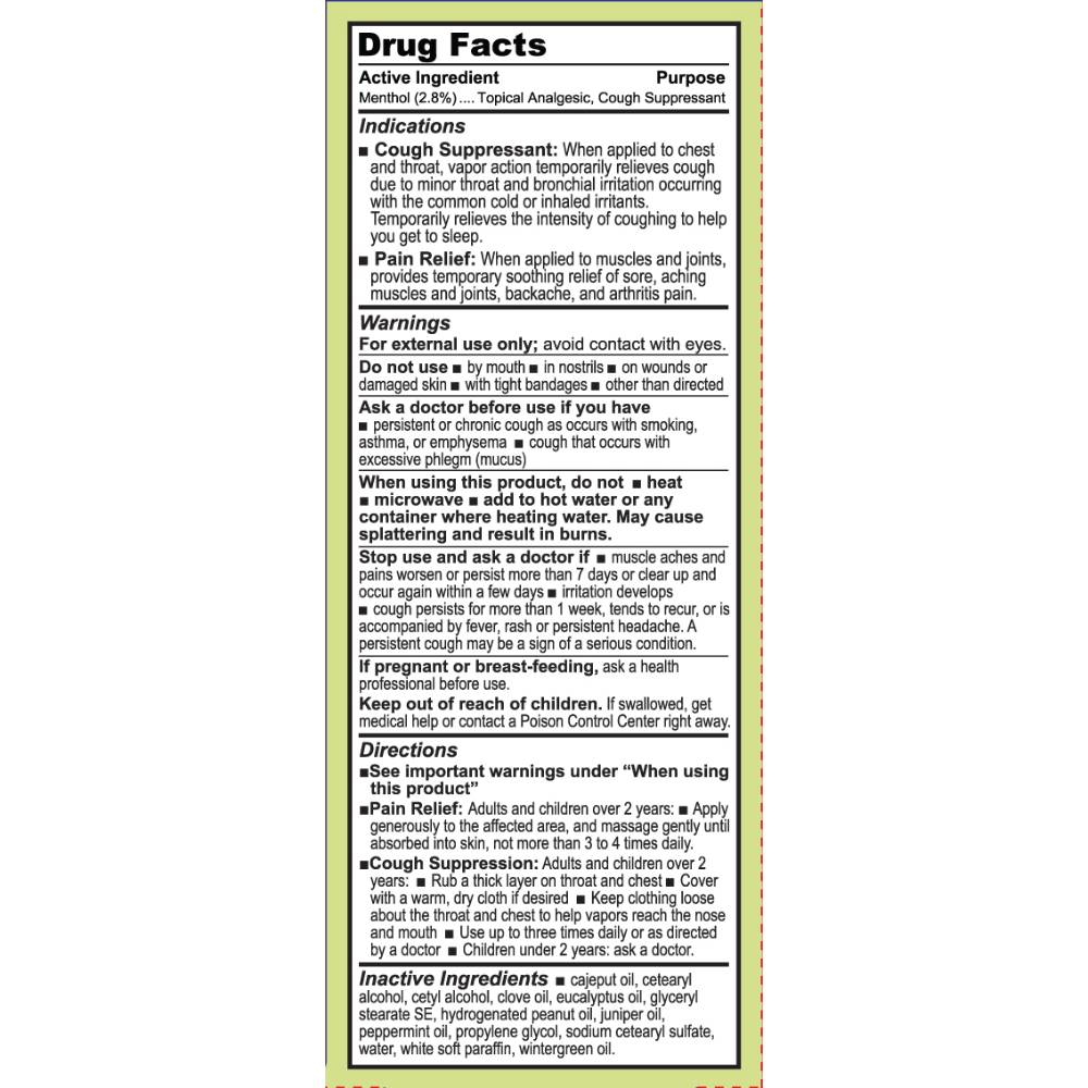 Label showing drug facts for topical analgesic and cough suppressant with herbal formula, detailing active ingredient, uses, warnings, directions, and inactive components, featured in Health & Wellness and Health Remedies collections.
