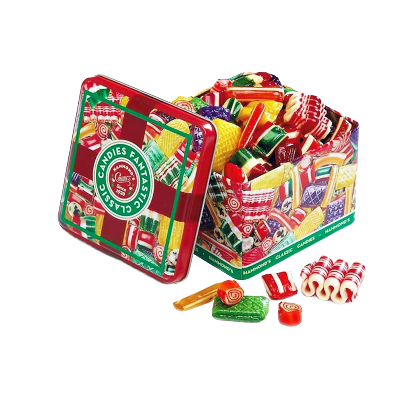 Open colorful metal tin filled with an assortment of handcrafted old-fashioned hard candies in various shapes and bright hues, perfect for Kitchen & Food, Snacks and Sweets, Candy, and USA Made collections.